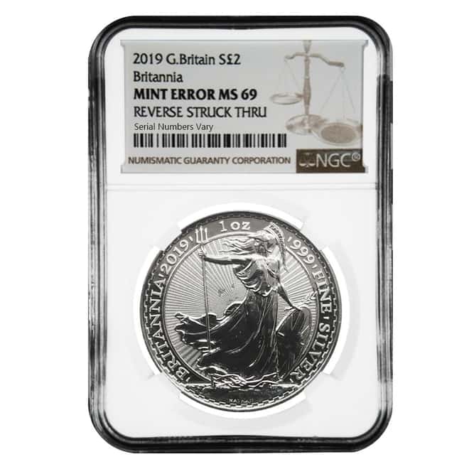 2019 Great Britain 1 oz Silver Britannia Coin NGC MS 69 Mint Error (Rev Struck Thru)