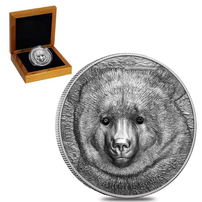 2019 Mongolia 1 oz Silver Gobi Bear - Wildlife Protection Antiqued Coin (w/Box)
