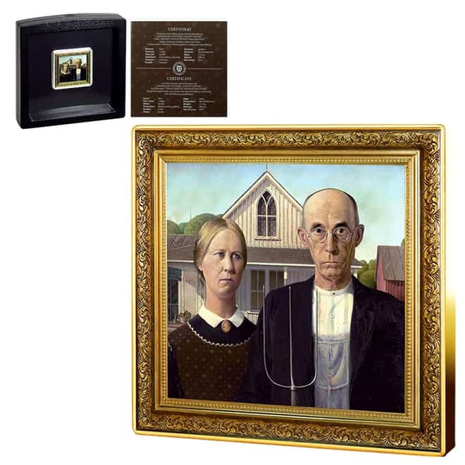 2019 Niue 1 oz Colorized Silver American Gothic Grant Wood Coin (w/Box & COA)