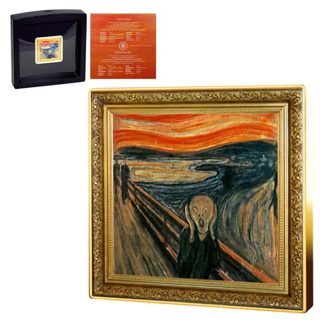 2019 Niue 1 oz Colorized Silver The Scream Edvard Munch Coin (w/Box & COA)