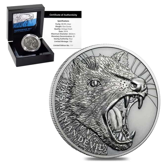 2019 Niue 1 oz Silver Tasmanian Devil Antiqued High Relief $1 Coin (w/Box & COA)