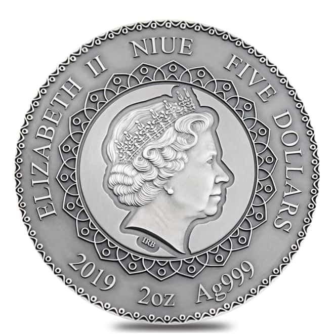 2019 Niue 2 oz Silver Elephant - Mandala Antiqued High Relief $5 Coin (w/Box & COA)