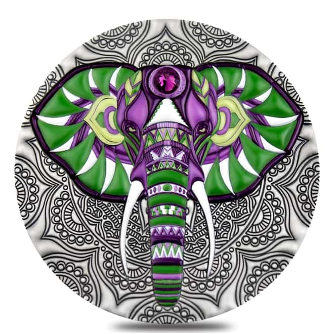 2019 Niue 2 oz Silver Elephant - Mandala Antiqued High Relief $5 Coin (w/Box & COA)
