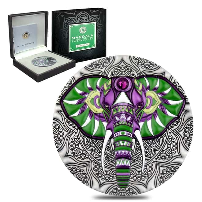 2019 Niue 2 oz Silver Elephant - Mandala Antiqued High Relief $5 Coin (w/Box & COA)