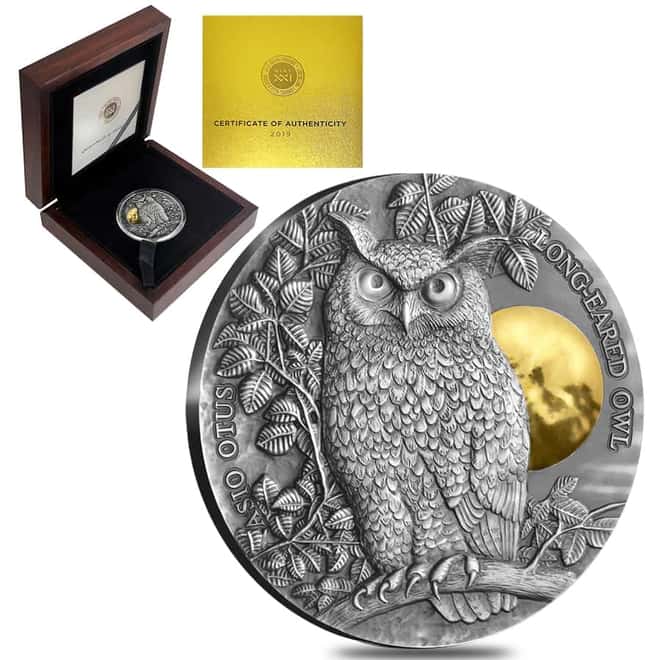 2019 Niue 2 oz Silver Long-Eared Owl Antiqued High Relief Coin (w/Box & COA)