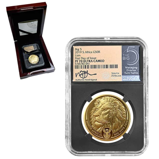2019 South Africa 1 oz Proof Gold Big 5 Lion NGC PF 70 FD Tumi Tsehlo (w/Box & COA)