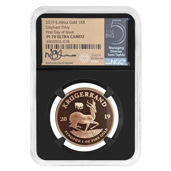 2019 South Africa 1 oz Proof Gold Krugerrand Big 5 Elephant Privy NGC PF 70 FD Tumi Tsehlo