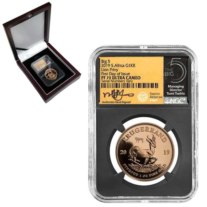 2019 South Africa 1 oz Proof Gold Krugerrand Big 5 Lion Privy NGC PF 70 FD Tumi Tsehlo (w/Box)