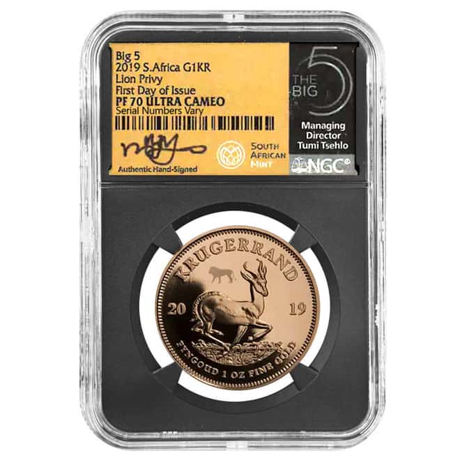2019 South Africa 1 oz Proof Gold Krugerrand Big 5 Lion Privy NGC PF 70 FD Tumi Tsehlo (w/Box)