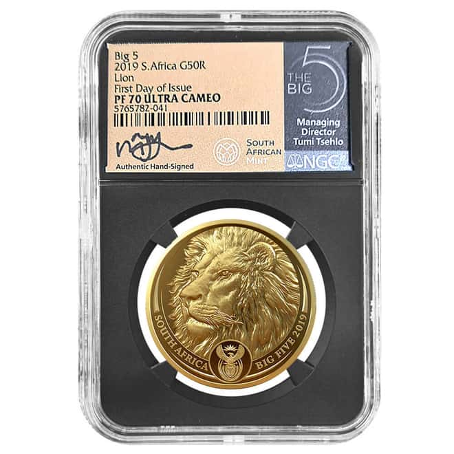 2019 South Africa 1 oz Proof Gold Big 5 Lion NGC PF 70 FD Tumi Tsehlo (w/Box & COA)