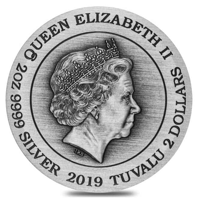 2019 Tuvalu 2 oz Silver Double Dragon High Relief Antiqued Coin (w/Box & COA)
