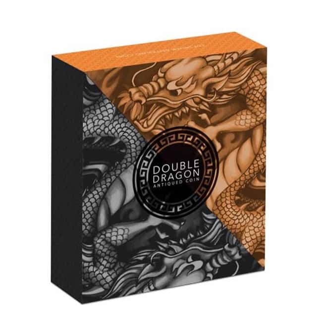 2019 Tuvalu 2 oz Silver Double Dragon High Relief Antiqued Coin (w/Box & COA)