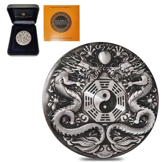 2019 Tuvalu 2 oz Silver Double Dragon High Relief Antiqued Coin (w/Box & COA)