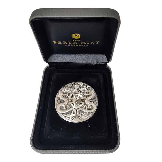 2019 Tuvalu 2 oz Silver Double Dragon High Relief Antiqued Coin (w/Box & COA)