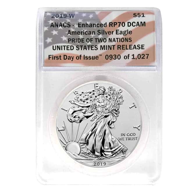 2019-W 1 oz Enhanced Reverse Proof Silver American Eagle ANACS PF 70 FD (Pride of Two Nations)