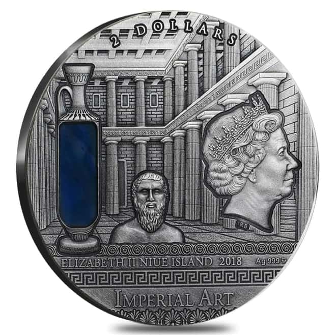 2018 Niue 2 oz Silver Greece - Imperial Art Antiqued High Relief $2 Coin (w/Box & COA)