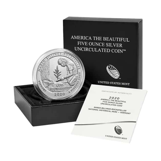 2020-P 5 oz Silver America the Beautiful ATB Vermont Marsh-Billings-Rockefeller Park Unc Coin