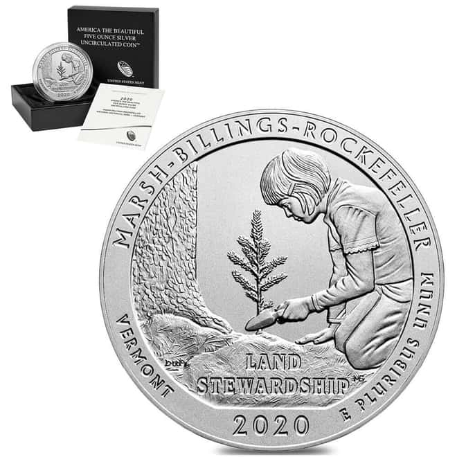 2020-P 5 oz Silver America the Beautiful ATB Vermont Marsh-Billings-Rockefeller Park Unc Coin
