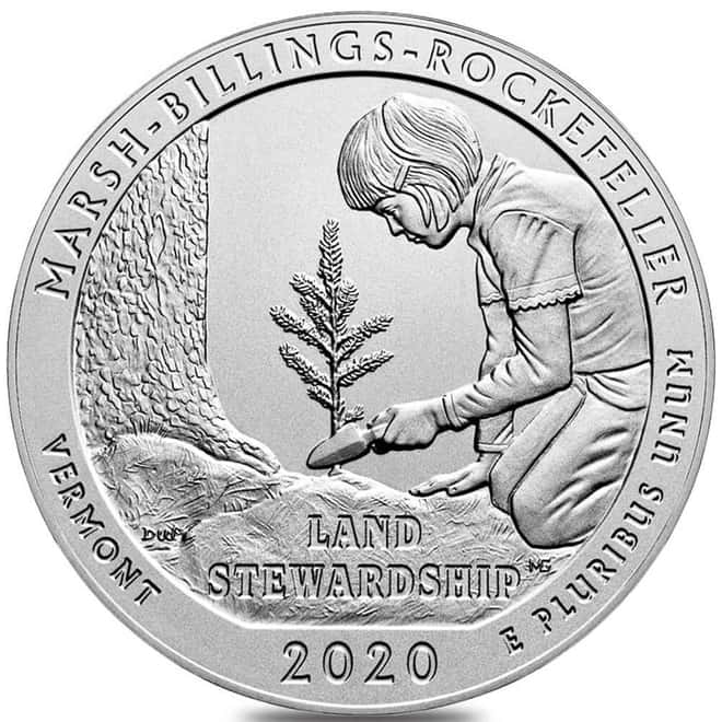 2020-P 5 oz Silver America the Beautiful ATB Vermont Marsh-Billings-Rockefeller Park Unc Coin