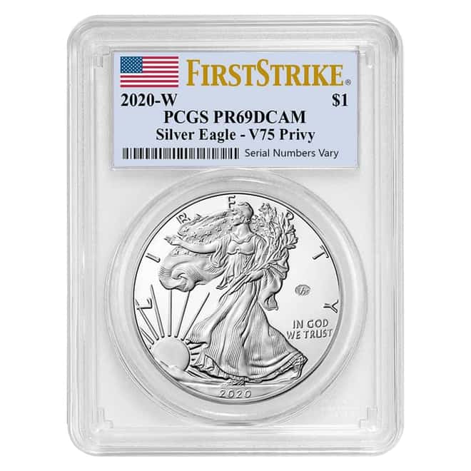 2020-W V75 Privy 1 oz Proof Silver American Eagle End of WWII 75th Anniv PCGS PF 69 FS