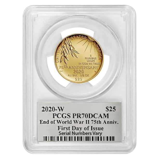 2020-W 1/2 oz End of WWII 75th Anniv $25 Proof Gold Coin PCGS PF 70 FDOI (Iwo Jima Label)