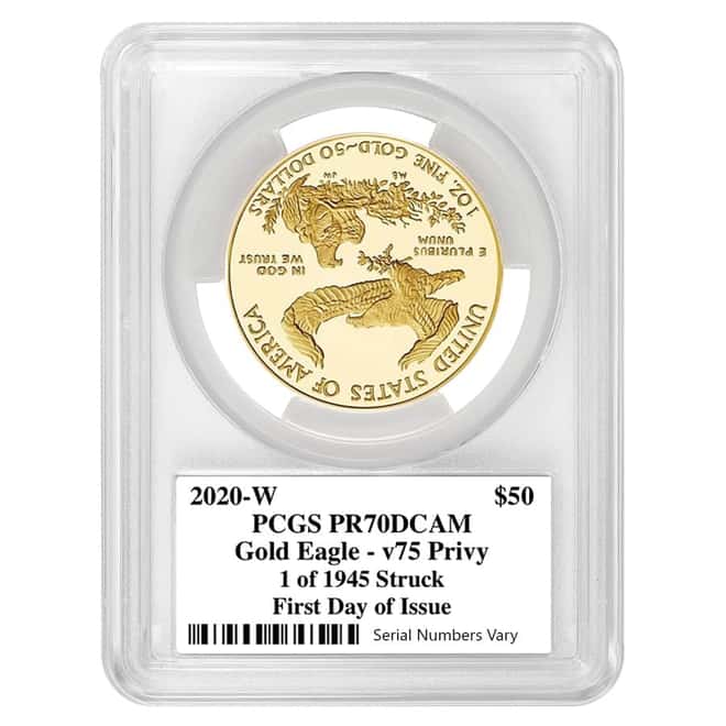 2020-W V75 Privy 1 oz Proof Gold American Eagle End of WWII 75th Anniv PCGS PF 70 FDOI (Iwo Jima Label)