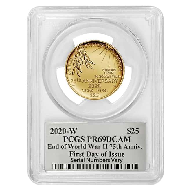 2020-W 1/2 oz End of WWII 75th Anniv $25 Proof Gold Coin PCGS PF 69 FDOI (Iwo Jima Label)
