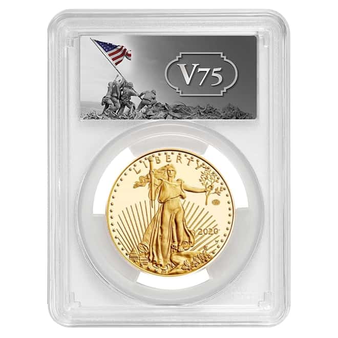 2020-W V75 Privy 1 oz Proof Gold American Eagle End of WWII 75th Anniv PCGS PF 70 FDOI (Iwo Jima Label)