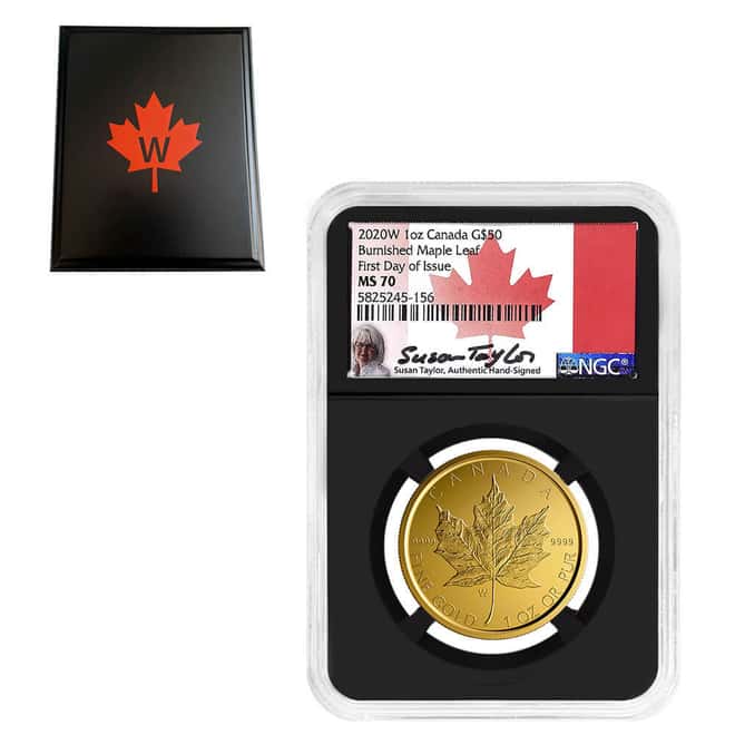 2020-W 1 oz Burnished Canadian Gold Maple Leaf $50 Coin NGC MS 70 FDOI (Susan Taylor)