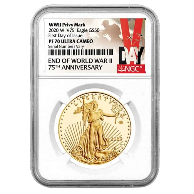 2020-W V75 Privy 1 oz Proof Gold American Eagle End of WWII 75th Anniv NGC PF 70 FDOI (V-Day Label)