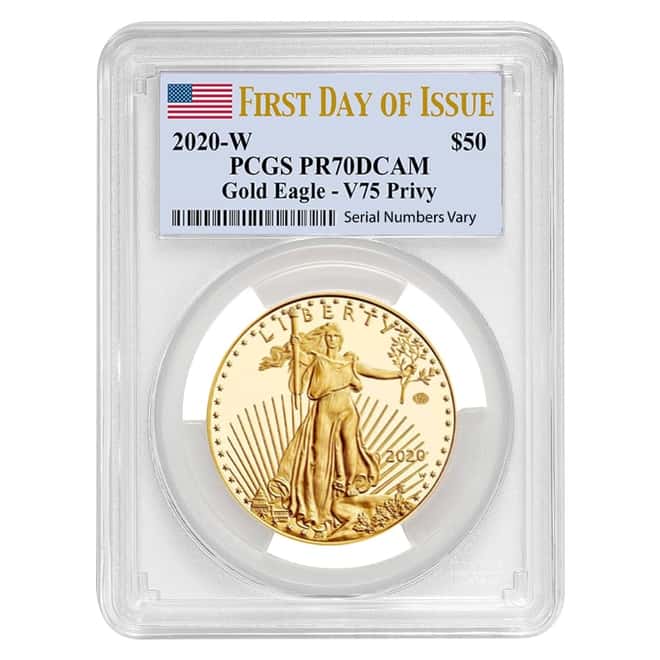 2020-W V75 Privy 1 oz Proof Gold American Eagle End of WWII 75th Anniv PCGS PF 70 FDOI