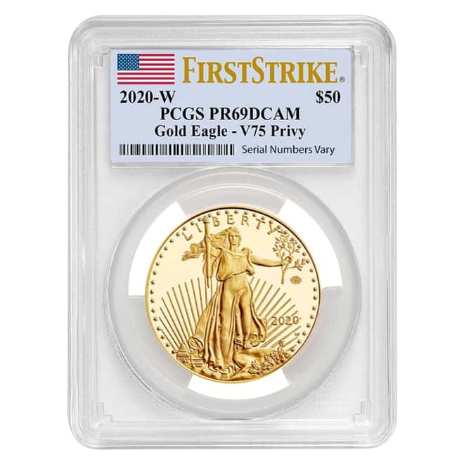 2020-W V75 Privy 1 oz Proof Gold American Eagle End of WWII 75th Anniv PCGS PF 69 FS