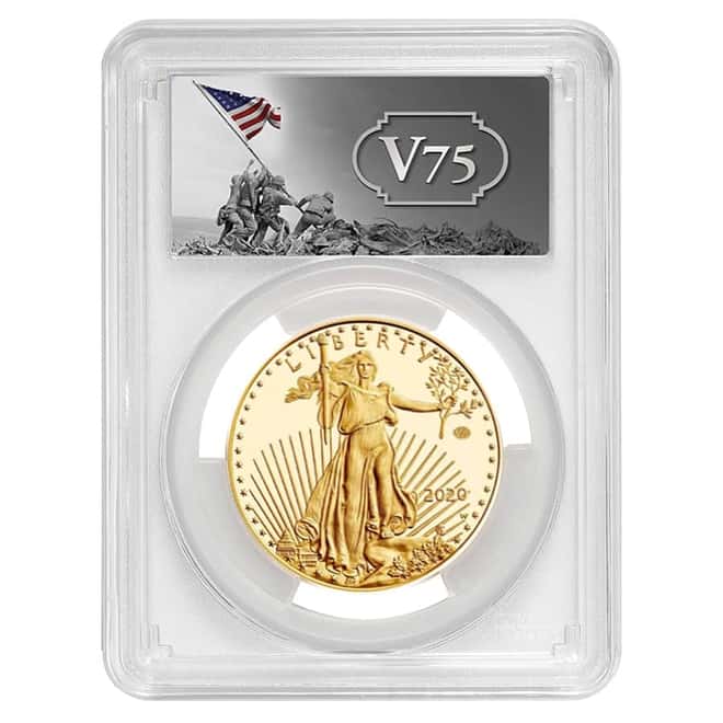 2020-W V75 Privy 1 oz Proof Gold American Eagle End of WWII 75th Anniv PCGS PF 69 FDOI (Iwo Jima Label)