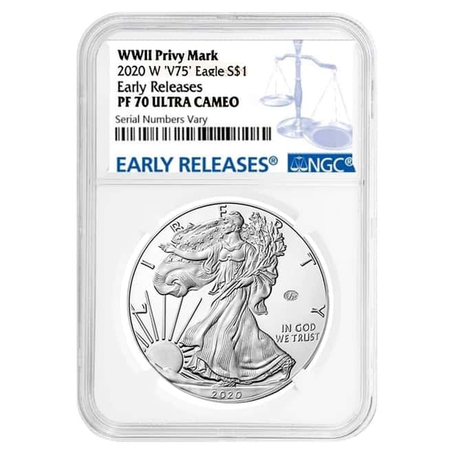 2020-W V75 Privy 1 oz Proof Silver American Eagle End of WWII 75th Anniv NGC PF 70 ER