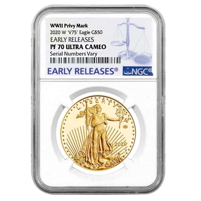 2020-W V75 Privy 1 oz Proof Gold American Eagle End of WWII 75th Anniv NGC PF 70 ER