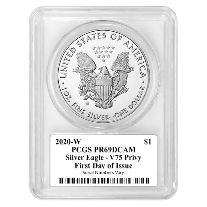 2020-W V75 Privy 1 oz Proof Silver American Eagle End of WWII 75th Anniv PCGS PF 69 FDOI (Iwo Jima Label)