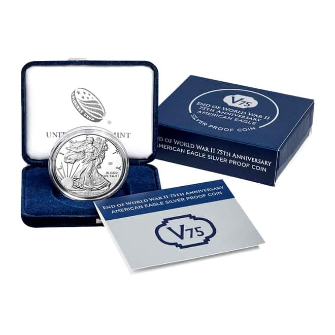 2020-W V75 Privy 1 oz Proof Silver American Eagle End of WWII 75th Anniv (w/Box & COA)