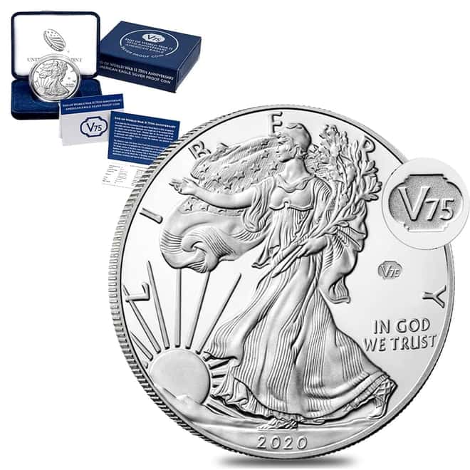 2020-W V75 Privy 1 oz Proof Silver American Eagle End of WWII 75th Anniv (w/Box & COA)