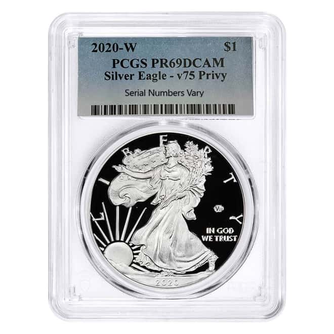 2020-W V75 Privy 1 oz Proof Silver American Eagle PCGS PF 69 End of WWII 75th Anniv