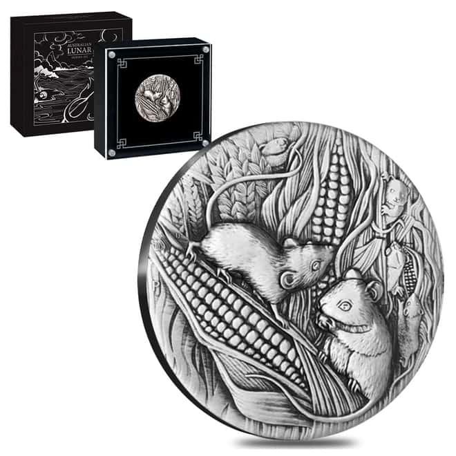 2020 2 oz Antiqued Silver Lunar Year of The Mouse / Rat Australian Perth Mint (w/Box & COA)