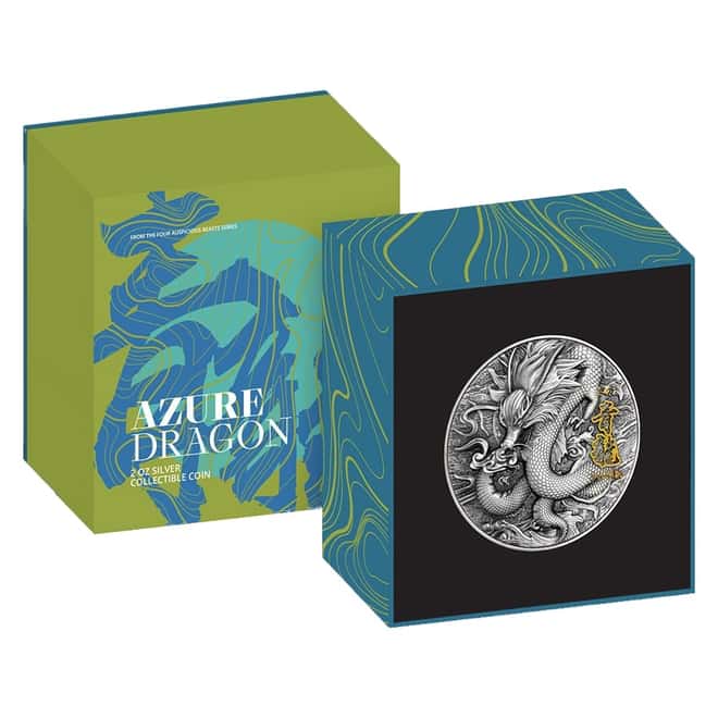 2020 2 oz Silver Niue Azure Dragon - Four Auspicious Beasts Series Antiqued High Relief $5 Coin (w/Box & COA)