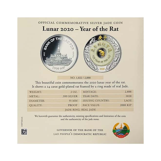 2020 2 oz Silver Lunar Year of The Mouse / Rat Jade Ring Coin Laos .999 Fine (w/Box & COA)