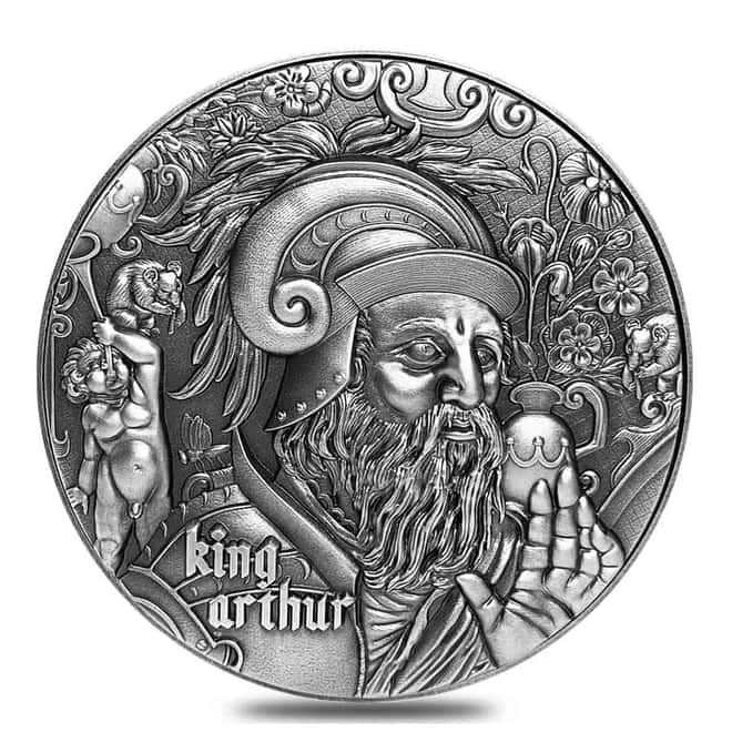 2020 Chad 2 oz Silver King Arthur - Nine Worthies Series Antiqued High Relief 5000 Francs Coin (w/Box & COA)