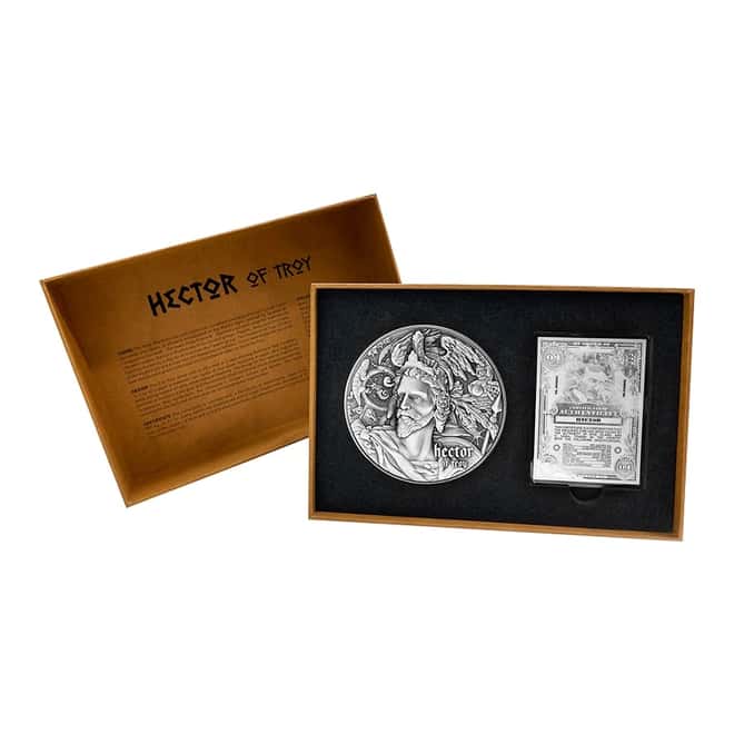 2020 2 oz Silver Niue Hector of Troy - Nine Worthies Series Antiqued High Relief $5 Coin (w/Box & COA)