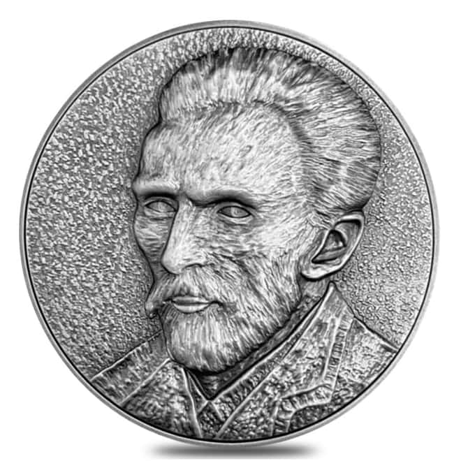 2020 2 oz Silver Vincent Van Gogh Self Portrait Antiqued High Relief $5 Coin (w/Box & COA)