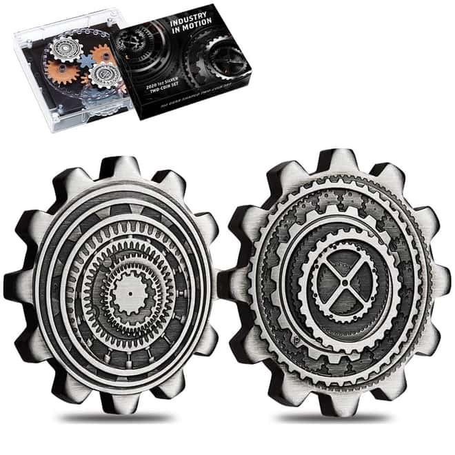 2020 2 oz Silver Tuvalu Industry in Motion Gear-Shaped Antiqued 2-Coin Set (w/Box & COA)