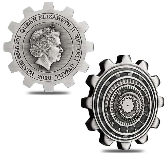 2020 2 oz Silver Tuvalu Industry in Motion Gear-Shaped Antiqued 2-Coin Set (w/Box & COA)