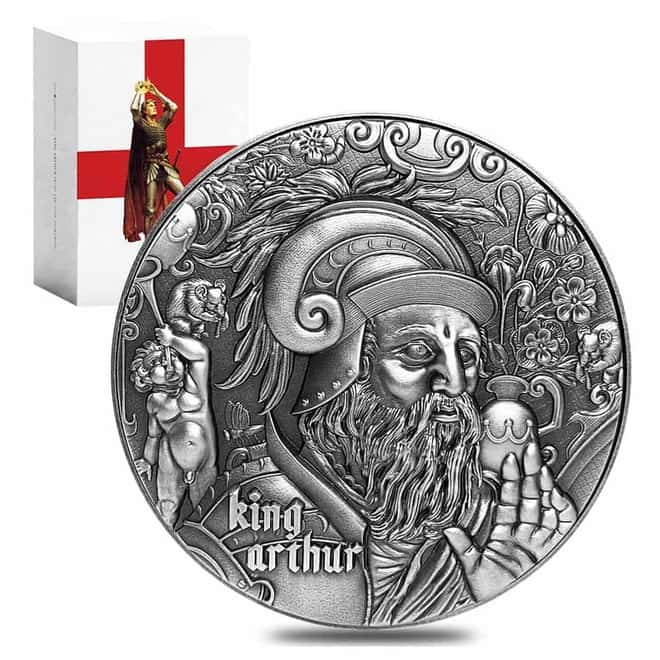 2020 Chad 2 oz Silver King Arthur - Nine Worthies Series Antiqued High Relief 5000 Francs Coin (w/Box & COA)