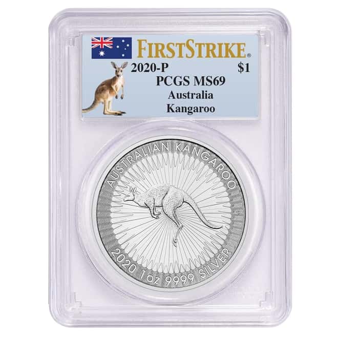 2020 1 oz Australian Silver Kangaroo Perth Mint PCGS MS 69 FS (Kangaroo Label Blue) 
