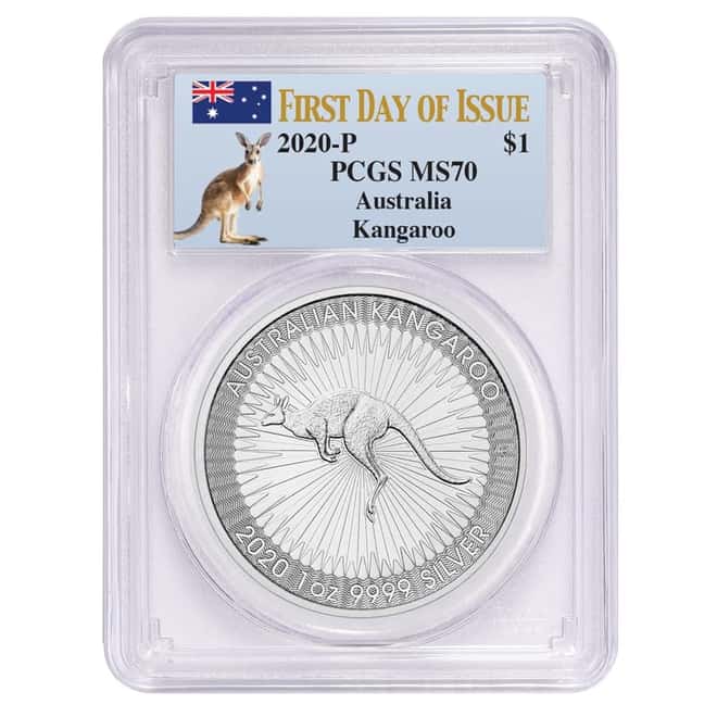 2020 1 oz Australian Silver Kangaroo Perth Mint PCGS MS 70 FDOI (Kangaroo Label Blue)